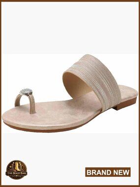 Rhinestone Toe Ring Flat Sandals - Jeweled Low Block Heel Summer Beach Slippers
